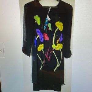 BRAND NEW BALI CORP LONG SLEEVE LAYERED BLACK DRESS EMBROIDERED ON FRONT SIZE 2